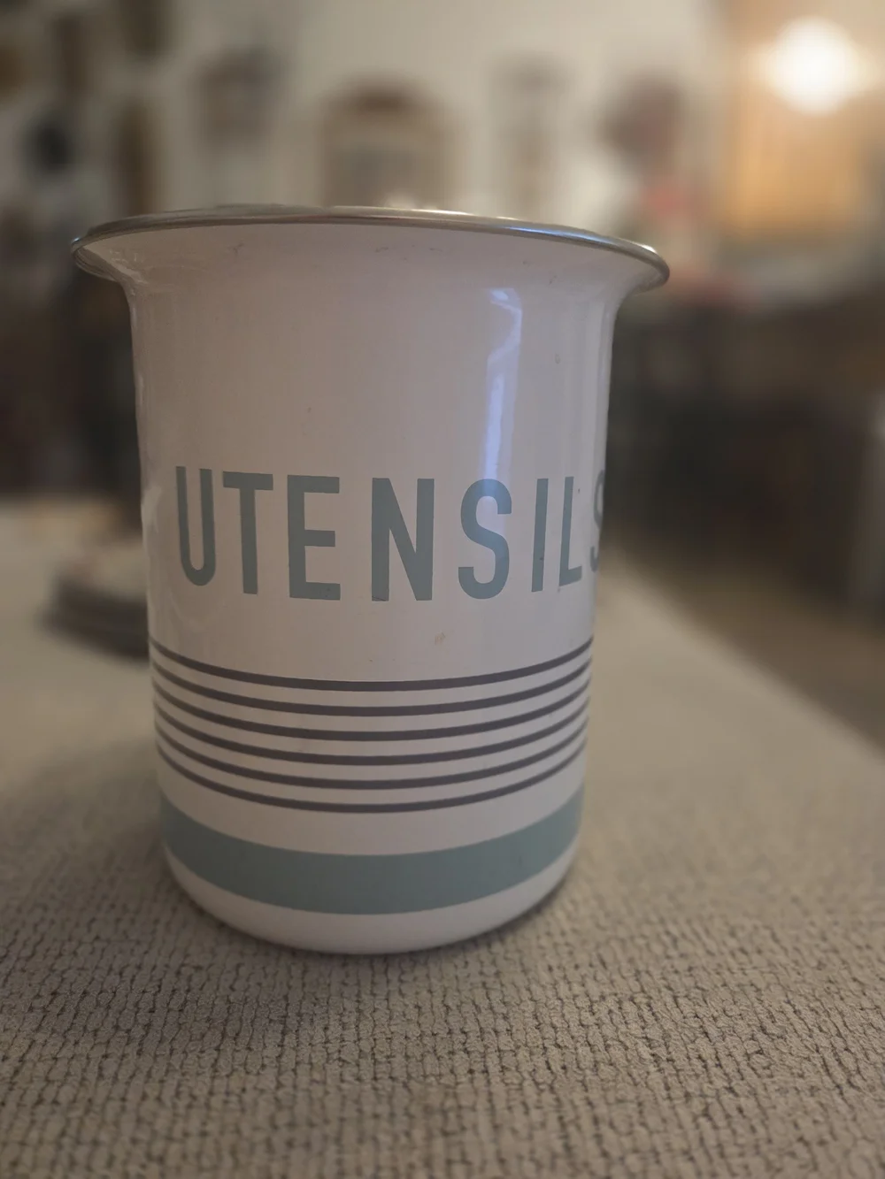 Metal Utensil Crock in White with Aqua Accents